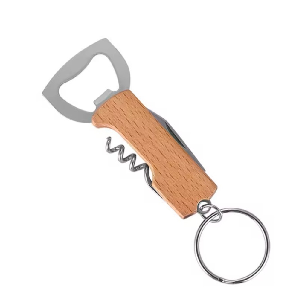 Stainless Steel and Beechwood Knife Bottle Opener Corkscrew Keychain Picnic Camp